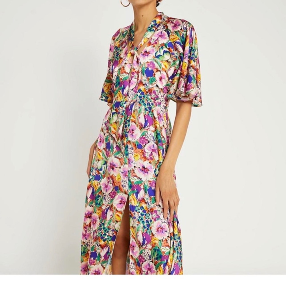 River Island Floral Tie Neck Dress